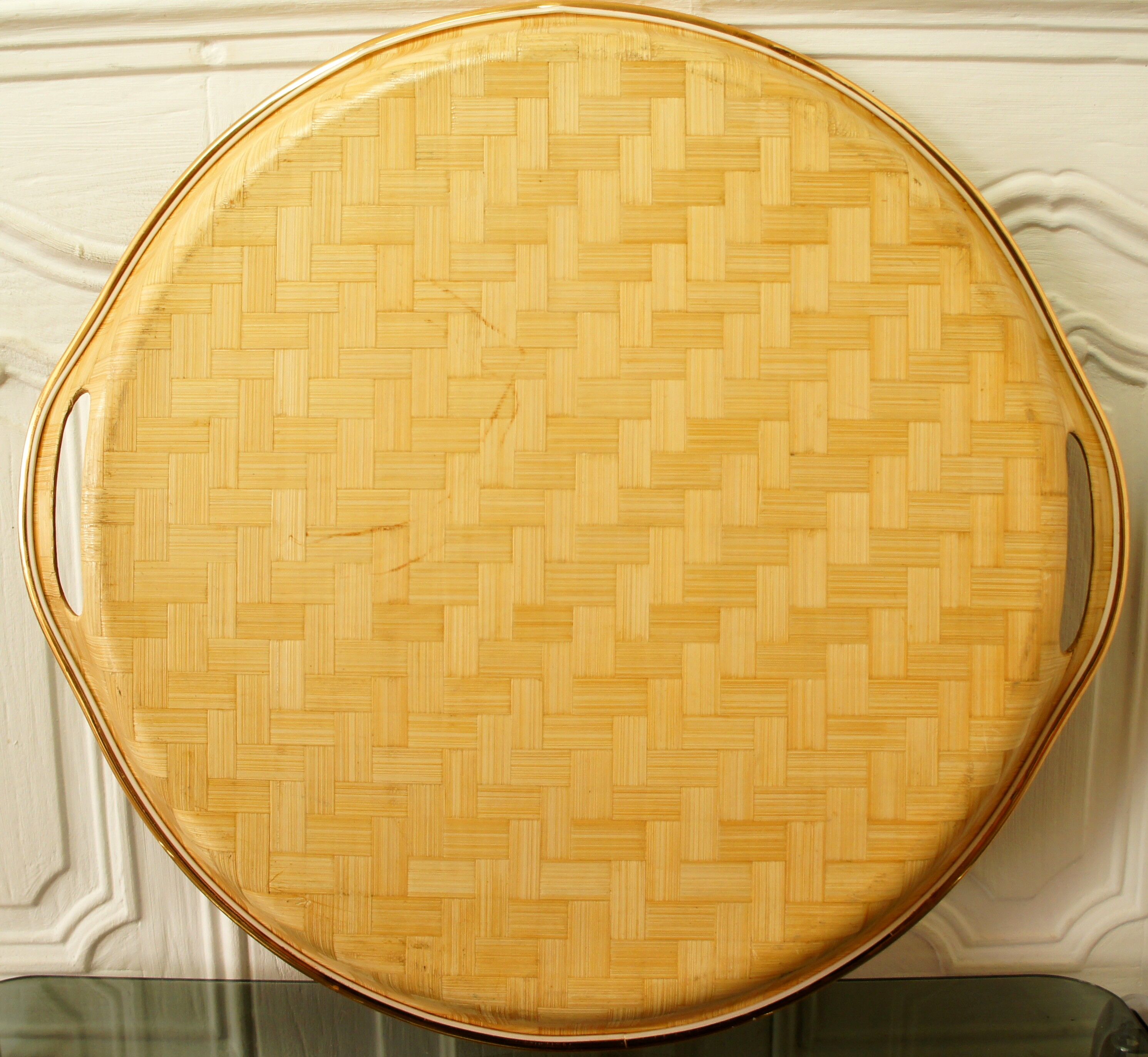 Vintage "orchid" tray in printed braided vegetable fiber & brass