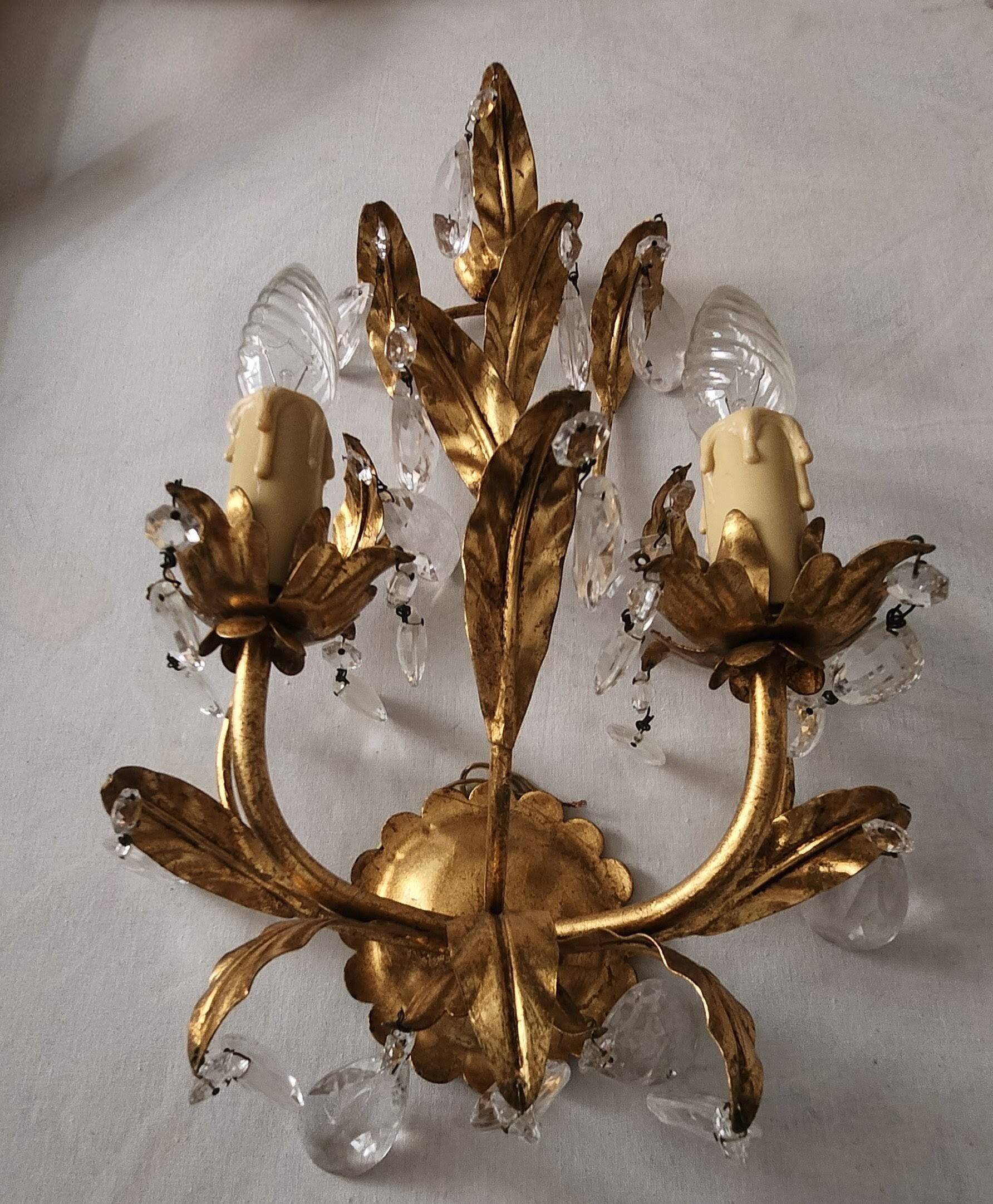 Hand-forged wall lamp gilded with gold leaf and crystals, Italy