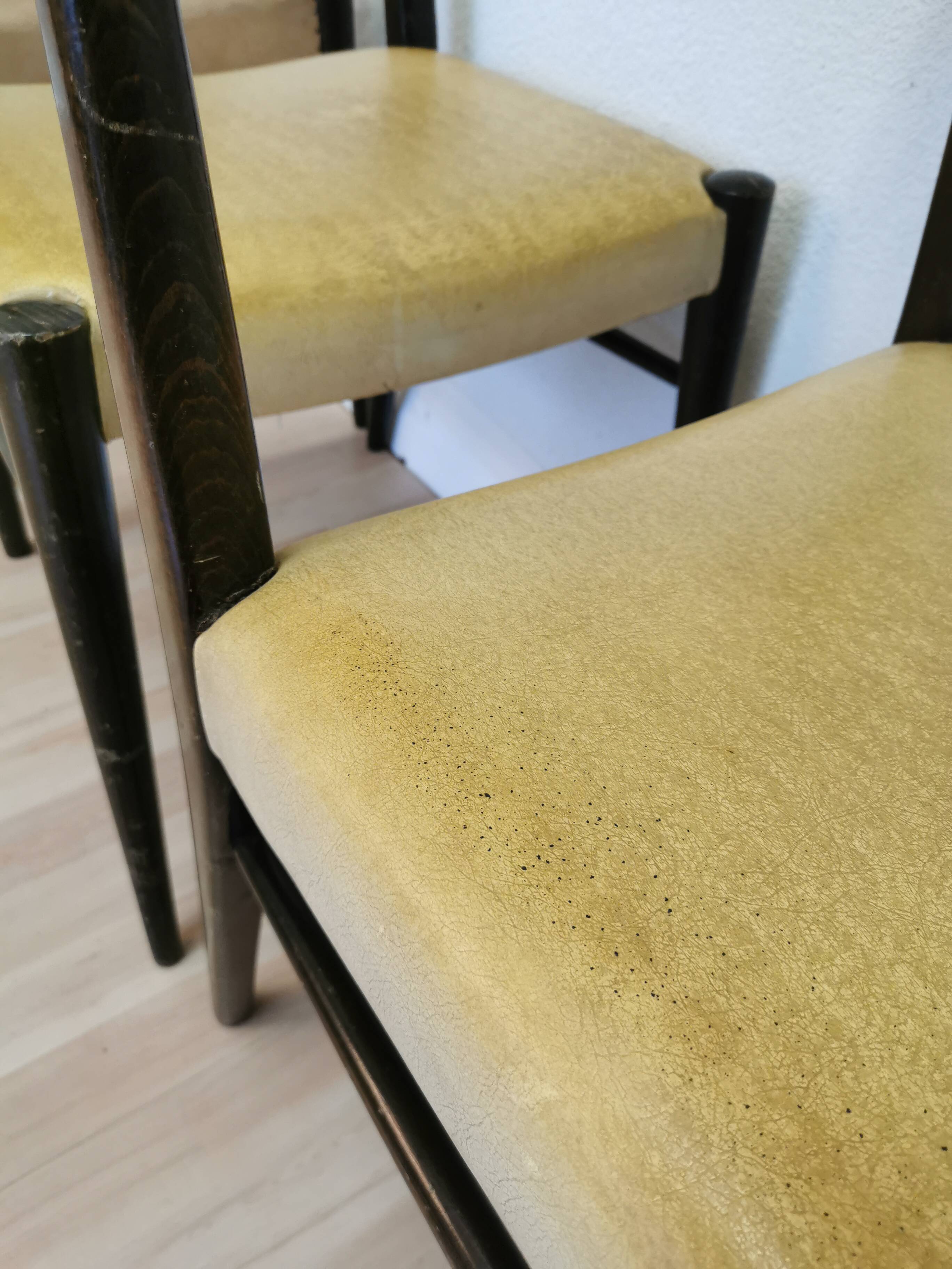 Set of 4 Vintage Wooden Dining Chairs: Beige Faux Leather, Mid-Century Retro