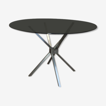 Metal foot table in tempered and smoked glass 1970