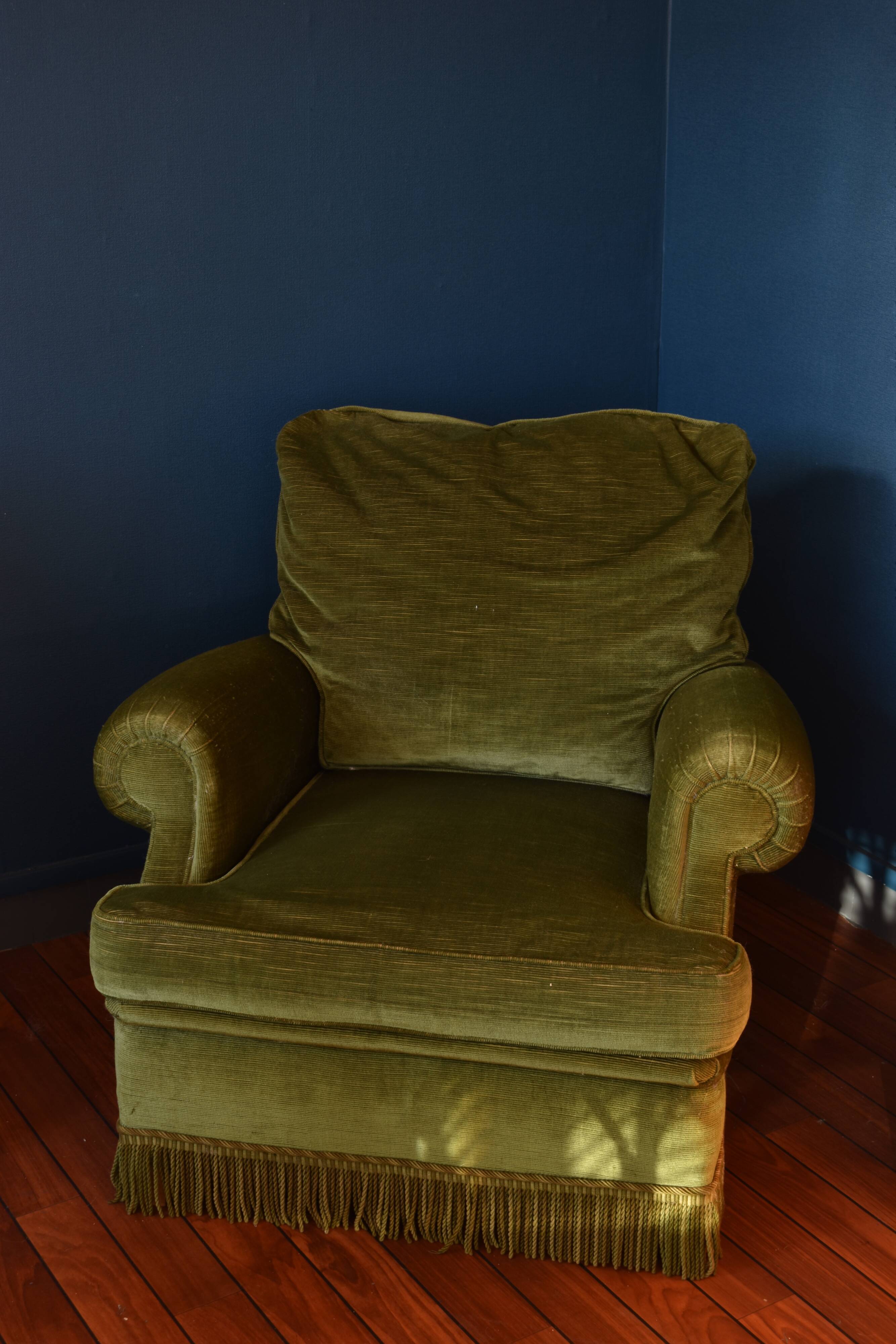 Vintage armchair green velvet fringes