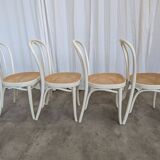 Set of 4 Vintage Thonet Style Dining Chairs: White Wood & Cane Seat