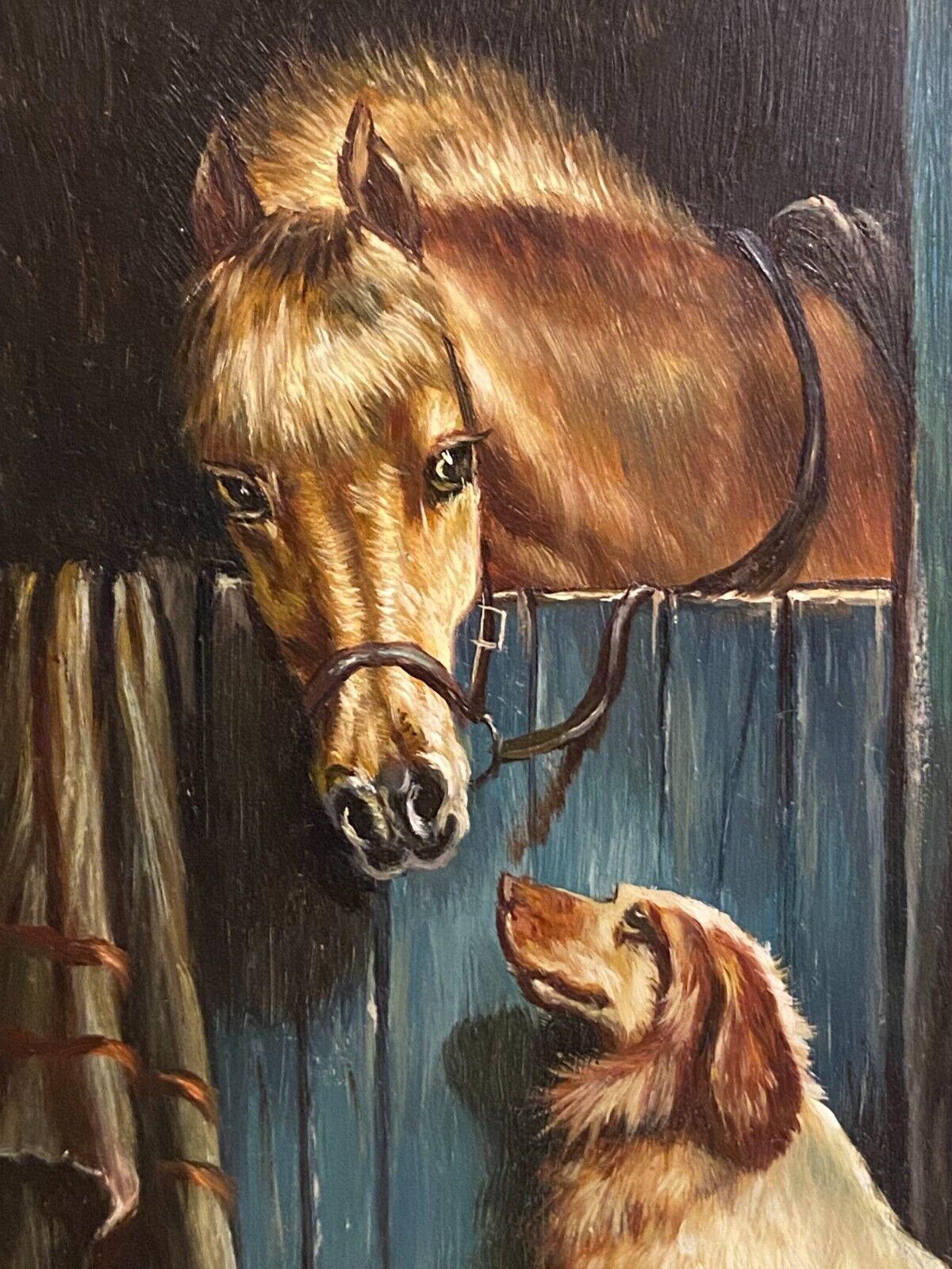 Painting signed Andorsch oil on panel with dogs and horse