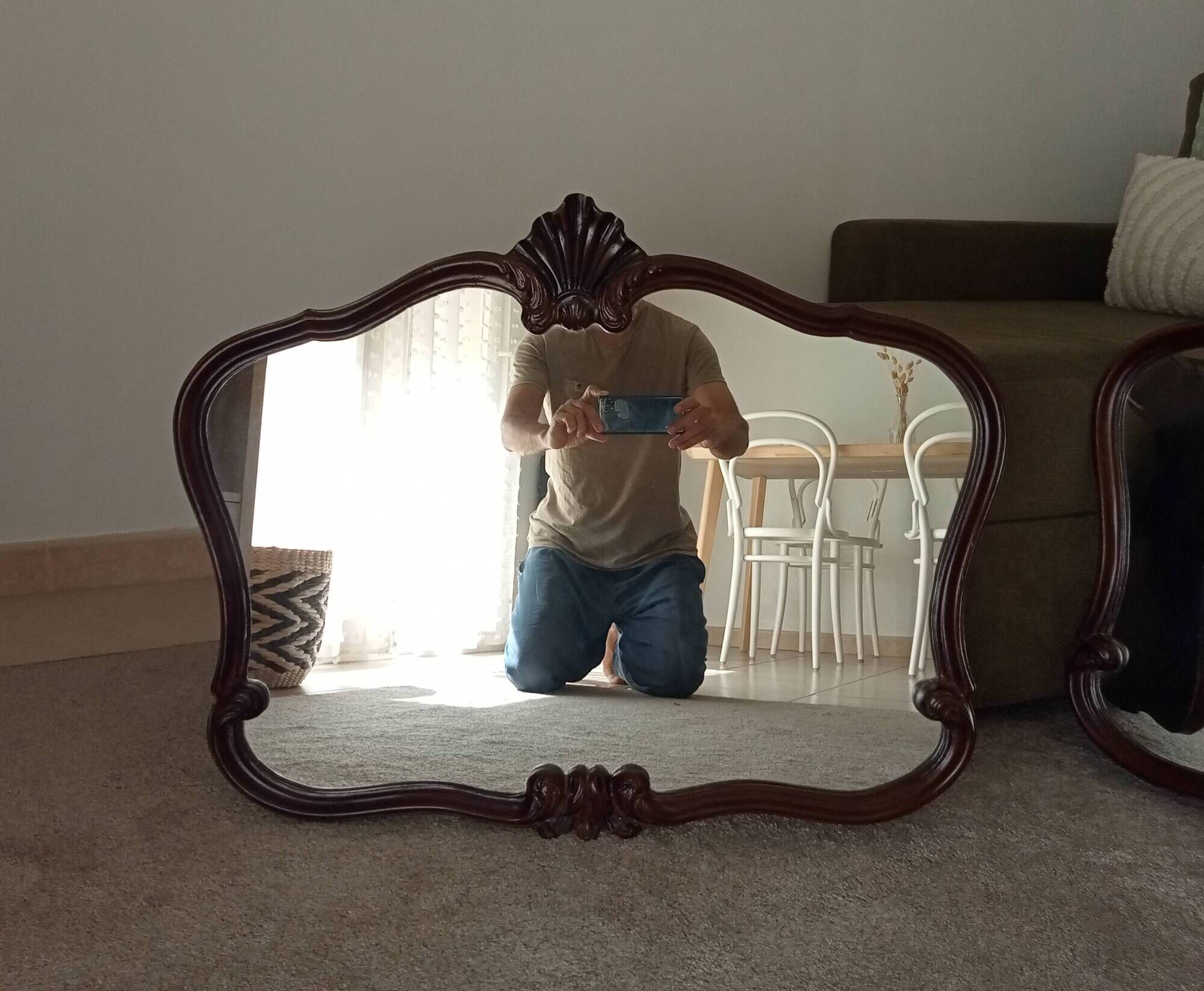 Pair of large antique Rococo style Louis XV mirrors in carved solid wood.
