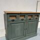 Antique counter cabinet with drawers and label holders – green patina