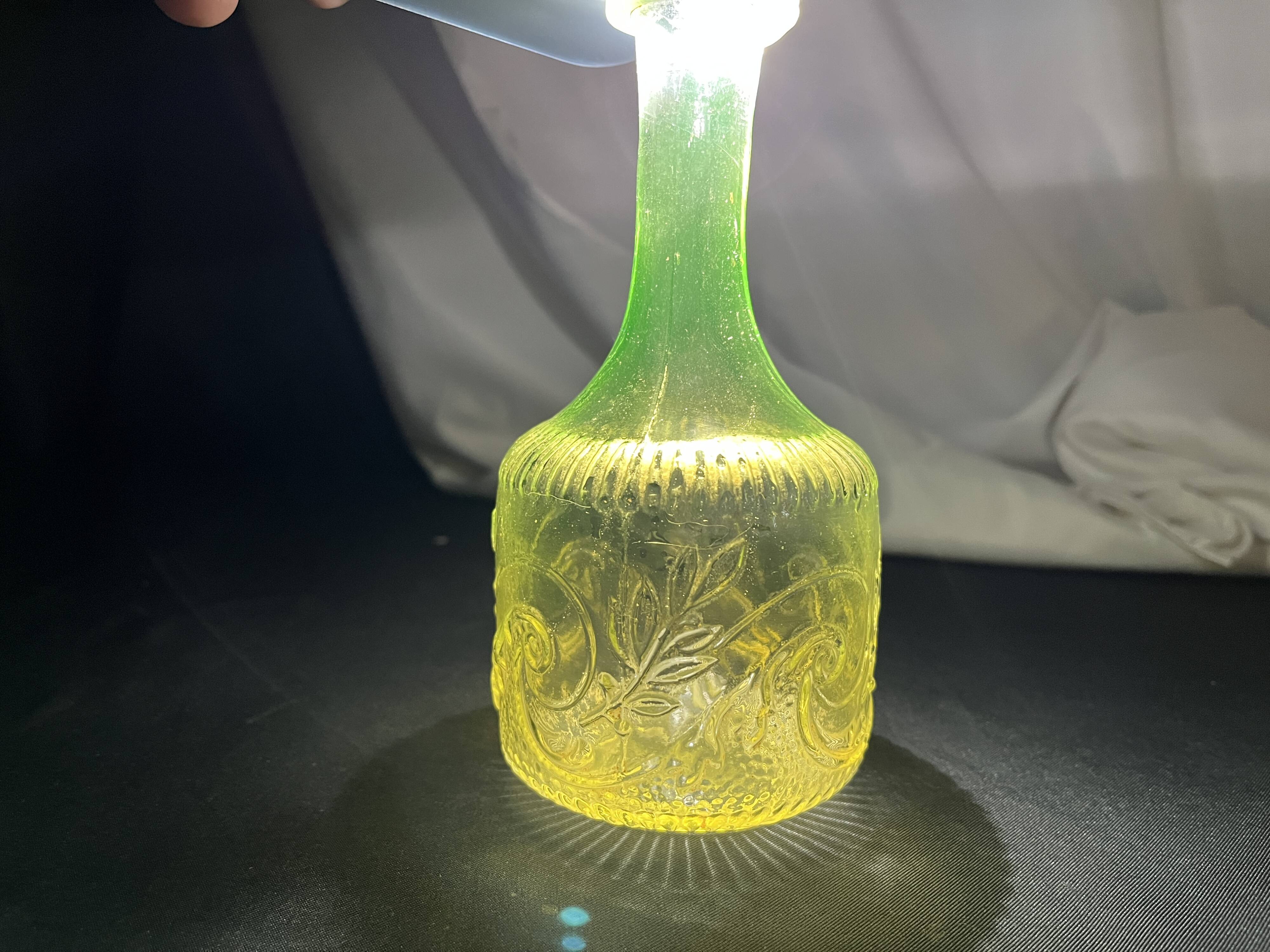 Antique uraline glass carafe bottle from the late 19th century