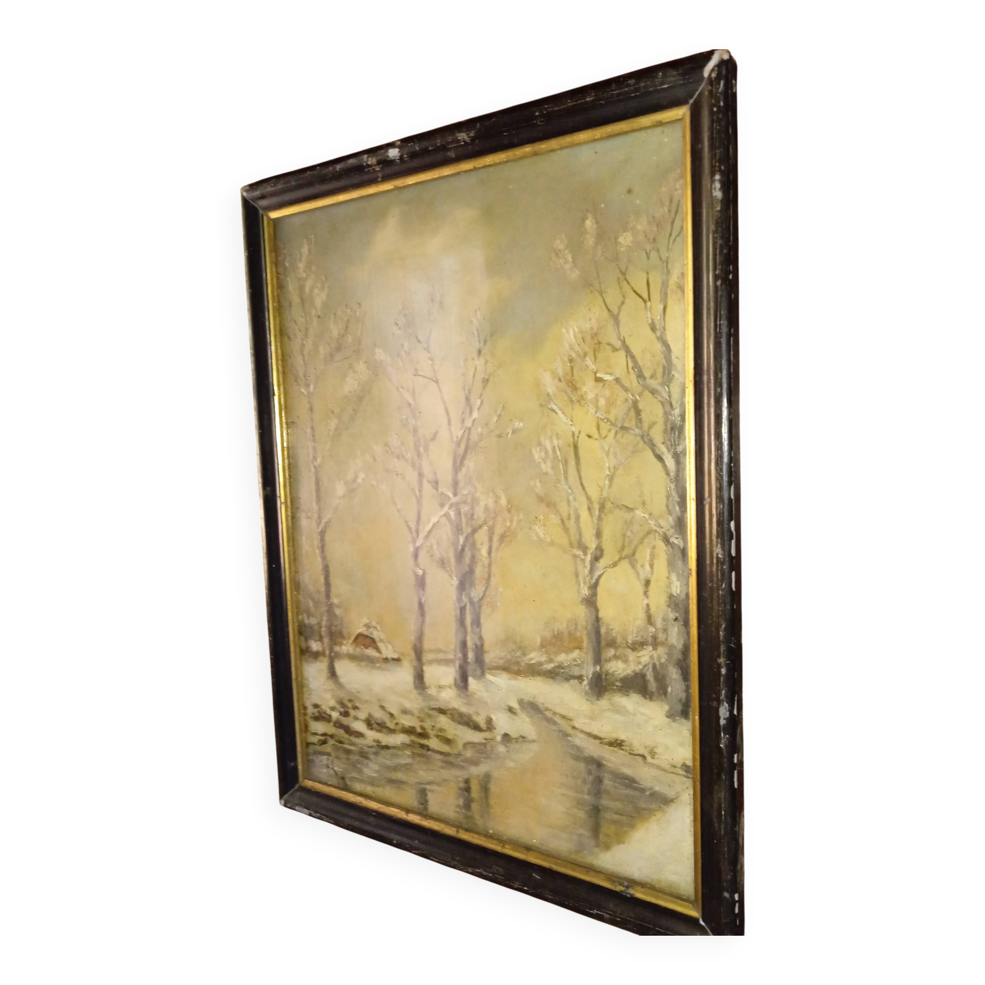 Old framed painting, oil "Wood under the snow", signed