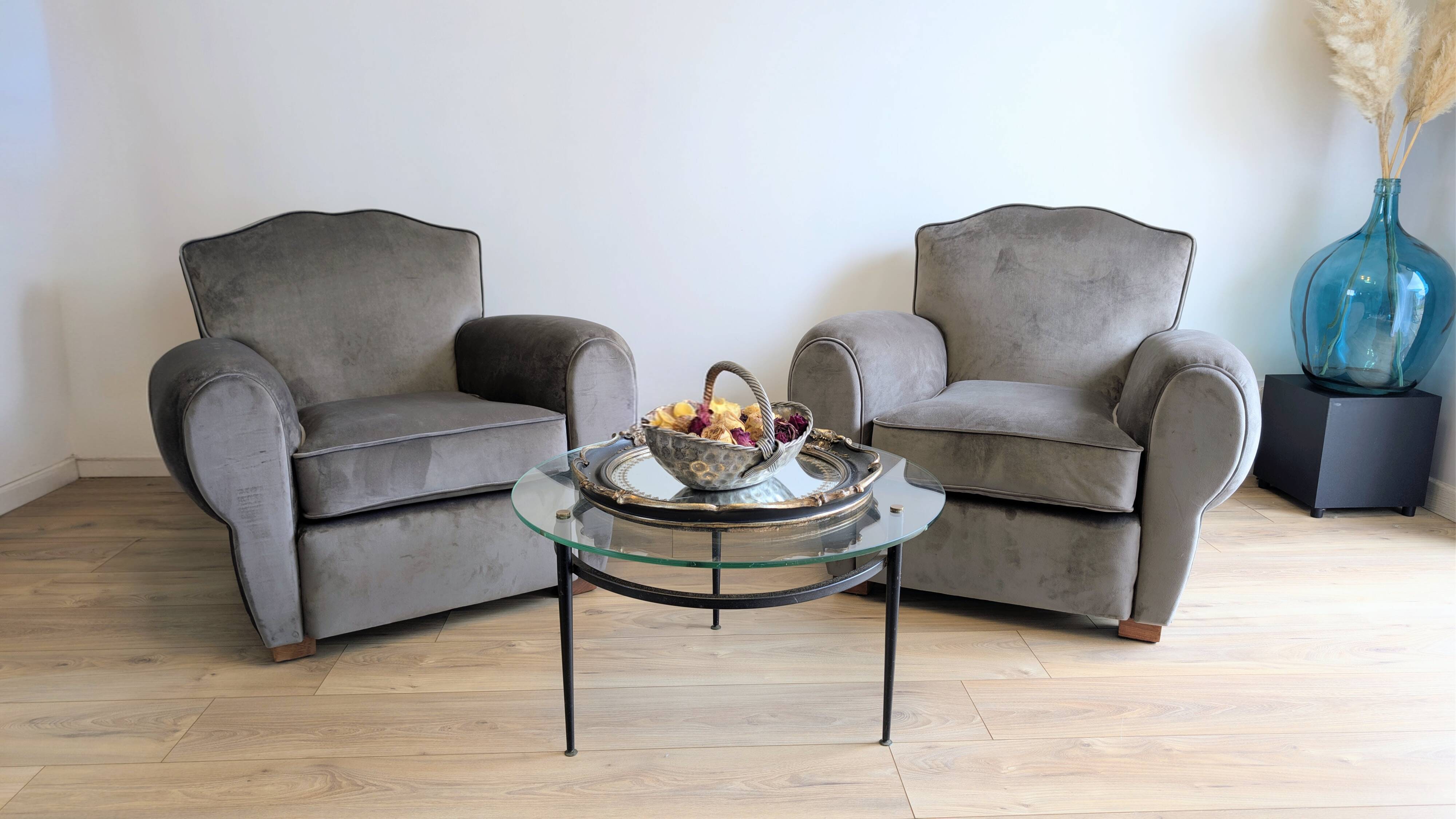 Pair of moustache club armchairs in elephant grey velvet.
