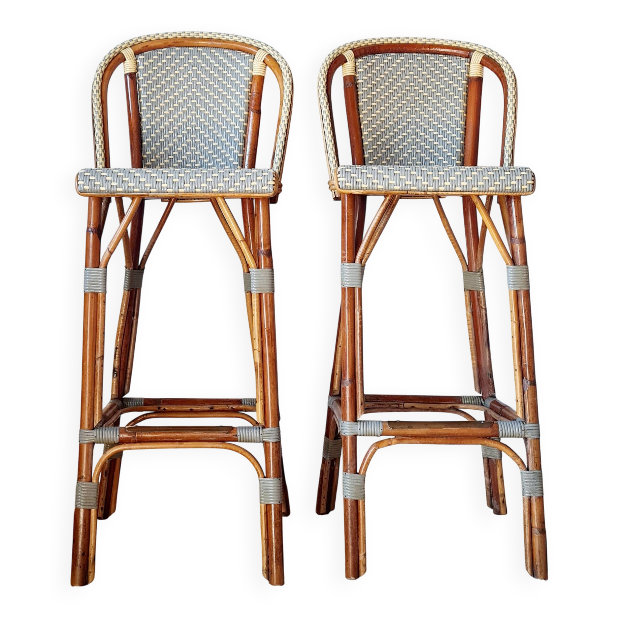 Vintage Gaty bar stools in two-tone rattan and caning.