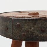 Brutalist French solid oak tripod stool with metal rim, 1850s