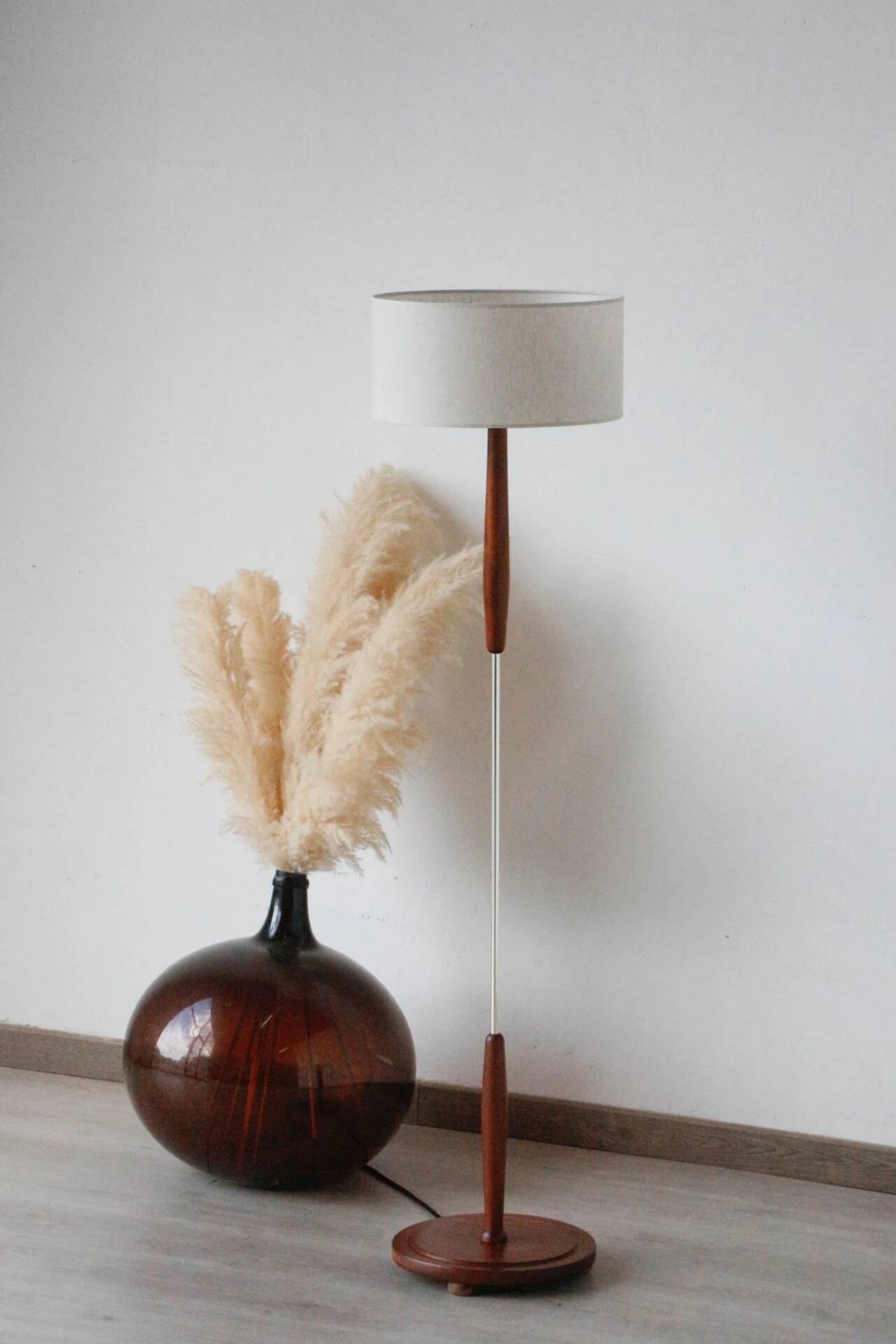 Vintage Scandinavian lamp in teak/chromed metal/cotton