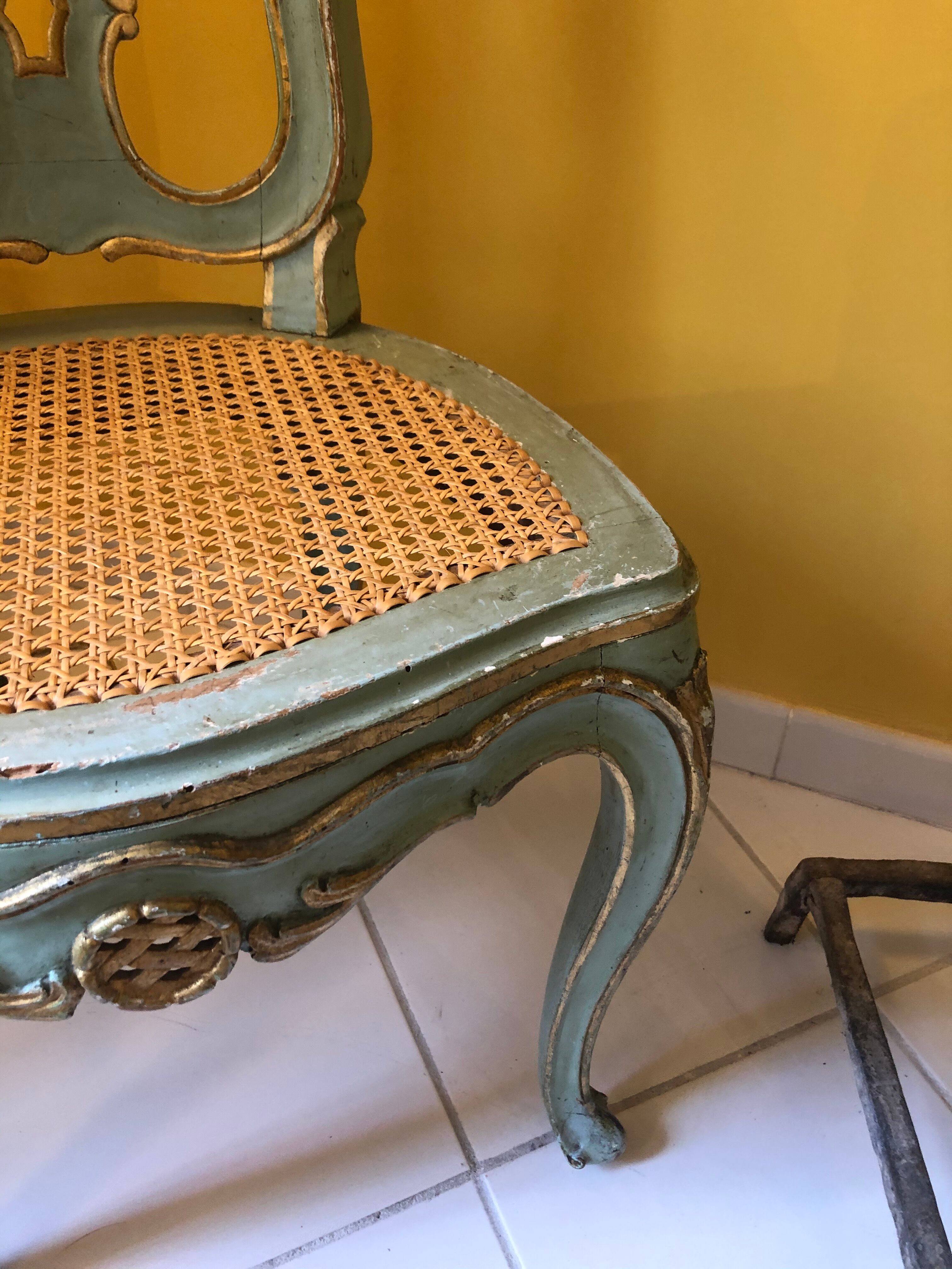Venetian chair in patinated wood and redone caning