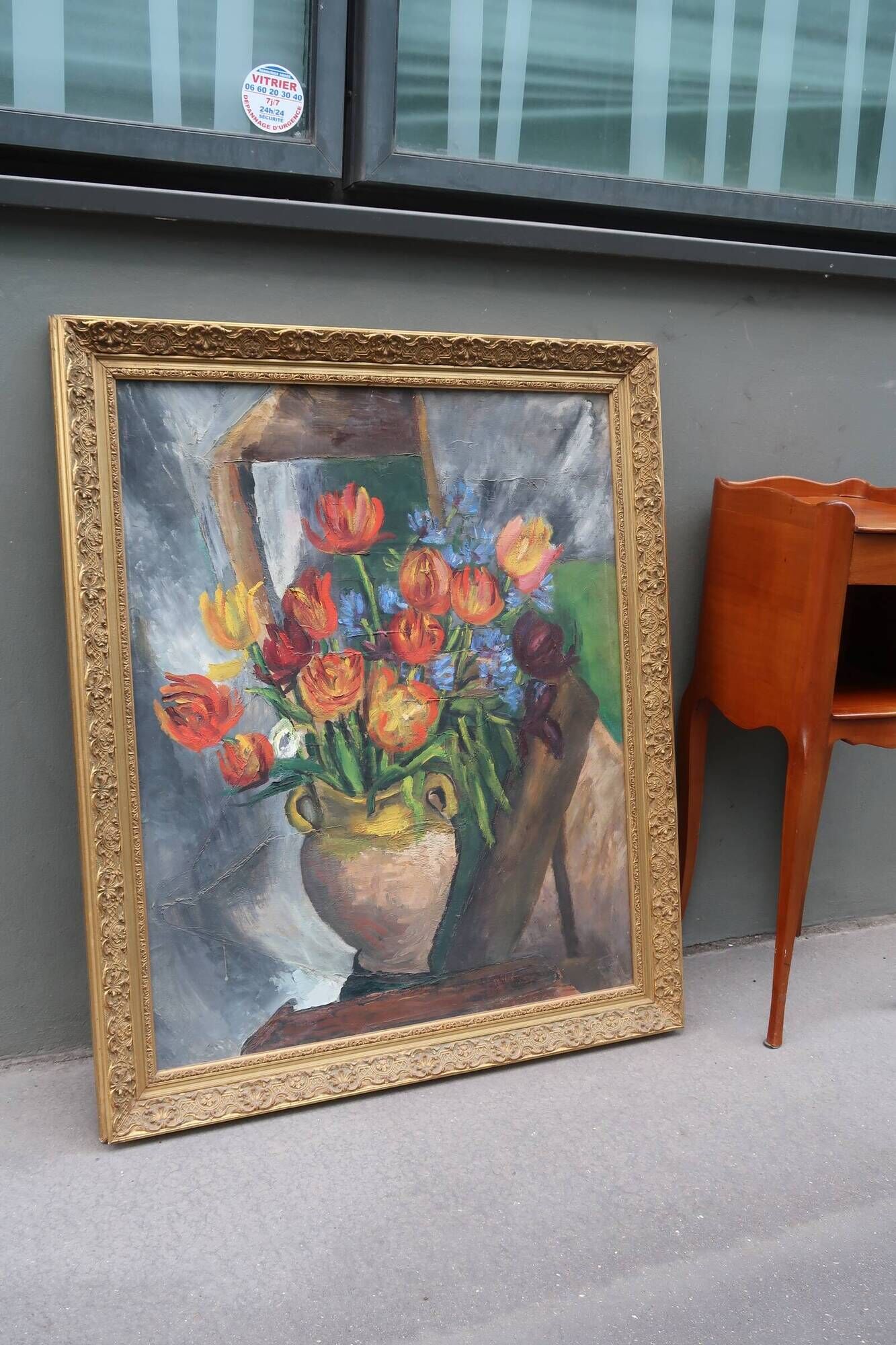 Large old oil painting, Still Life with Tulips, Gilded frame