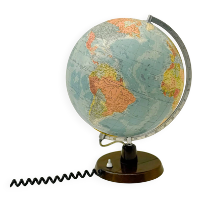 Globe terrestre lumineux de RÄTH en verre, bois et métal, Allemagne 1975