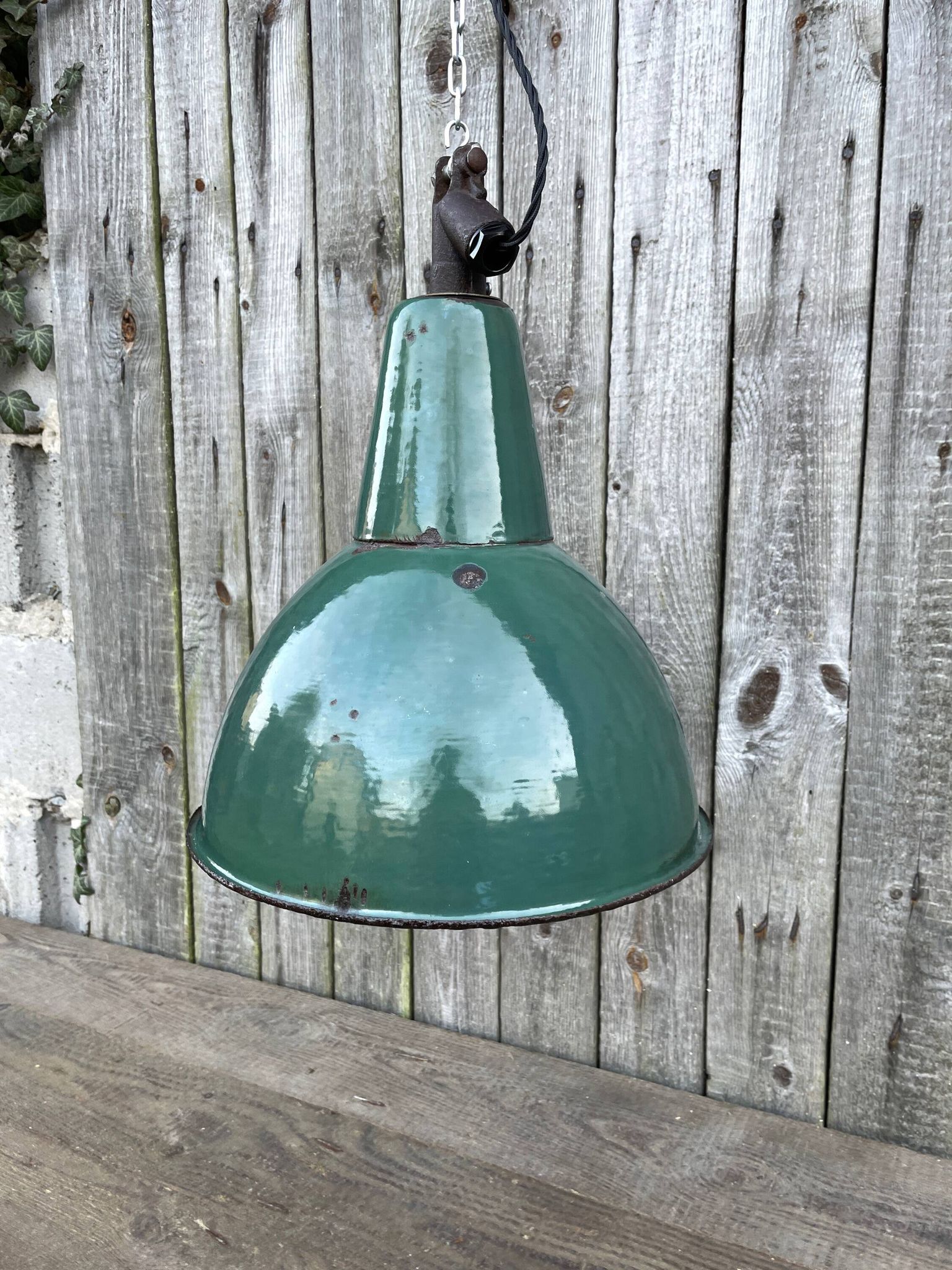 Industrial Green enamel Factory Pendant Lamp OBg-3,  1960s