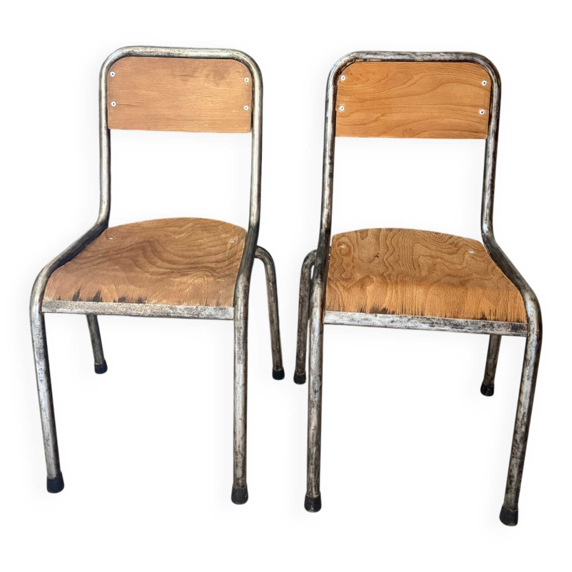 Pair of vintage adult school chairs in patinated metal