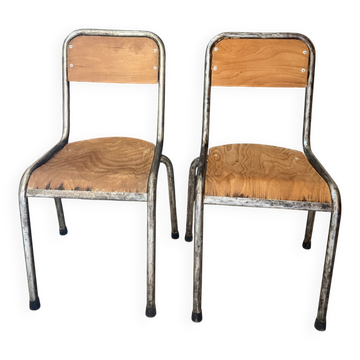Pair of vintage adult school chairs in patinated metal
