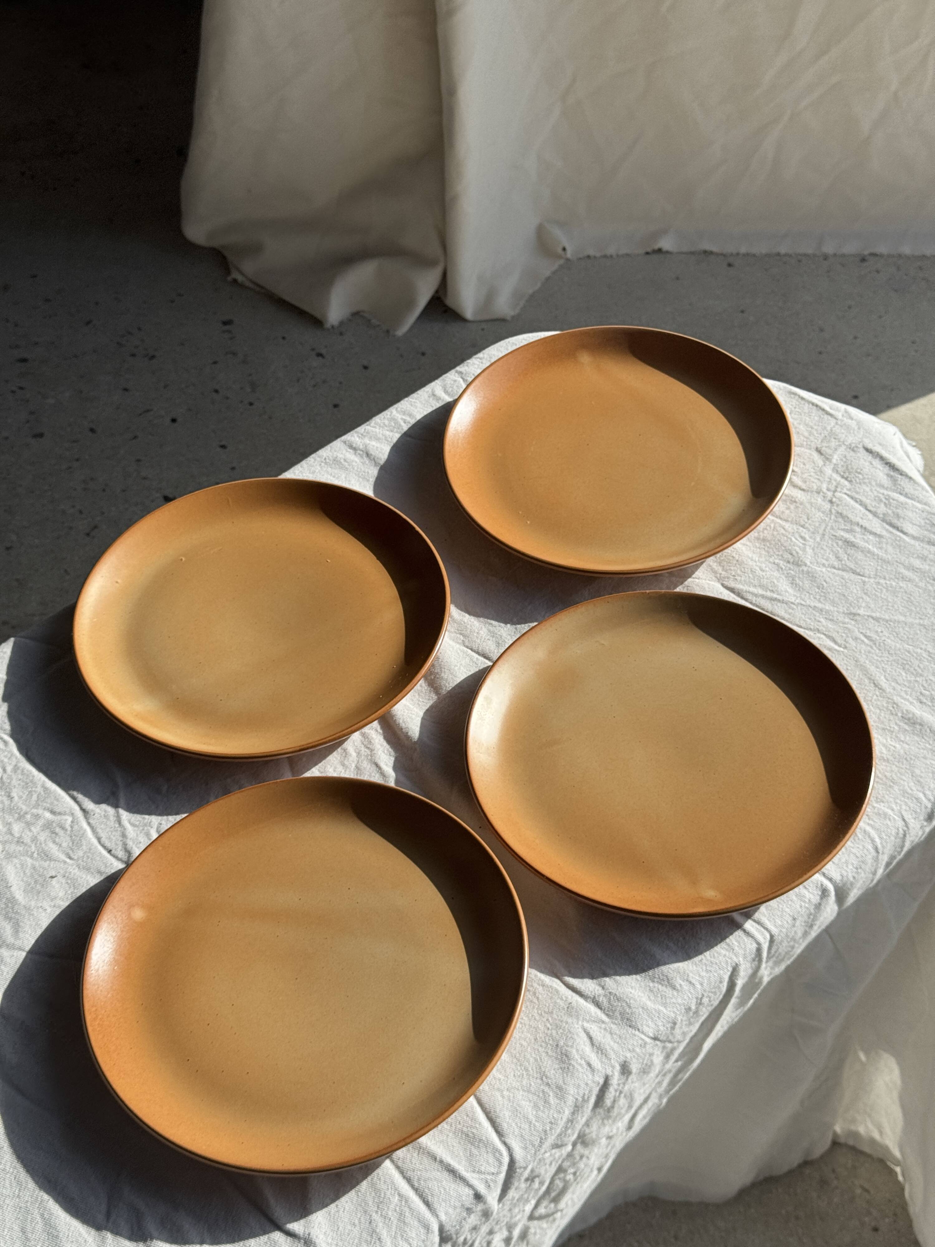 Set of 4 flat dinner plates in stoneware, no brand underneath.
