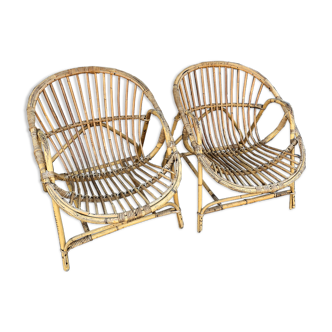 Pair rattan armchairs basket, 1960