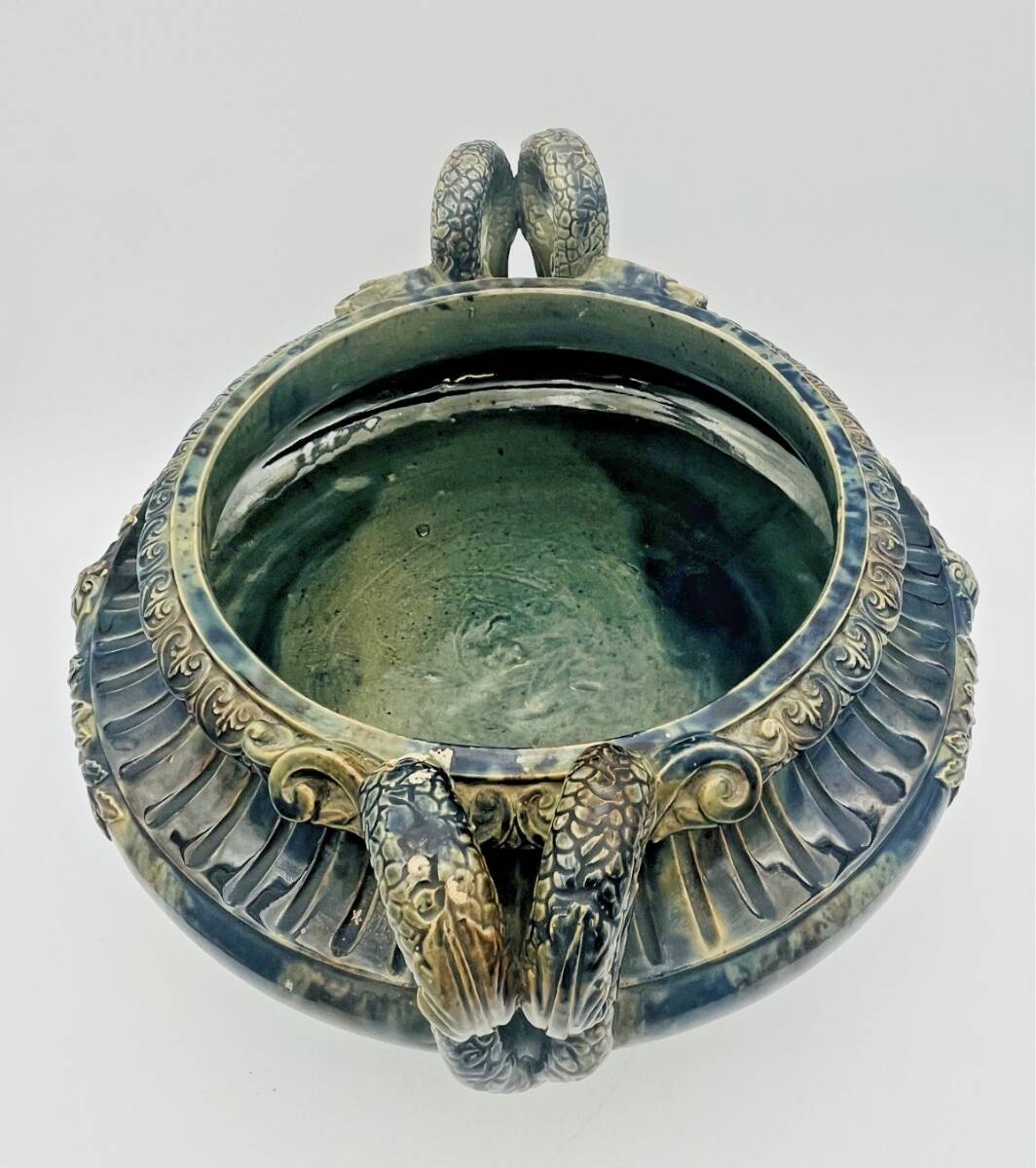 Large footed bowl in green and blue glazed ceramic