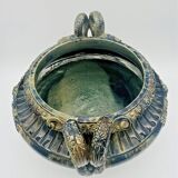 Large footed bowl in green and blue glazed ceramic