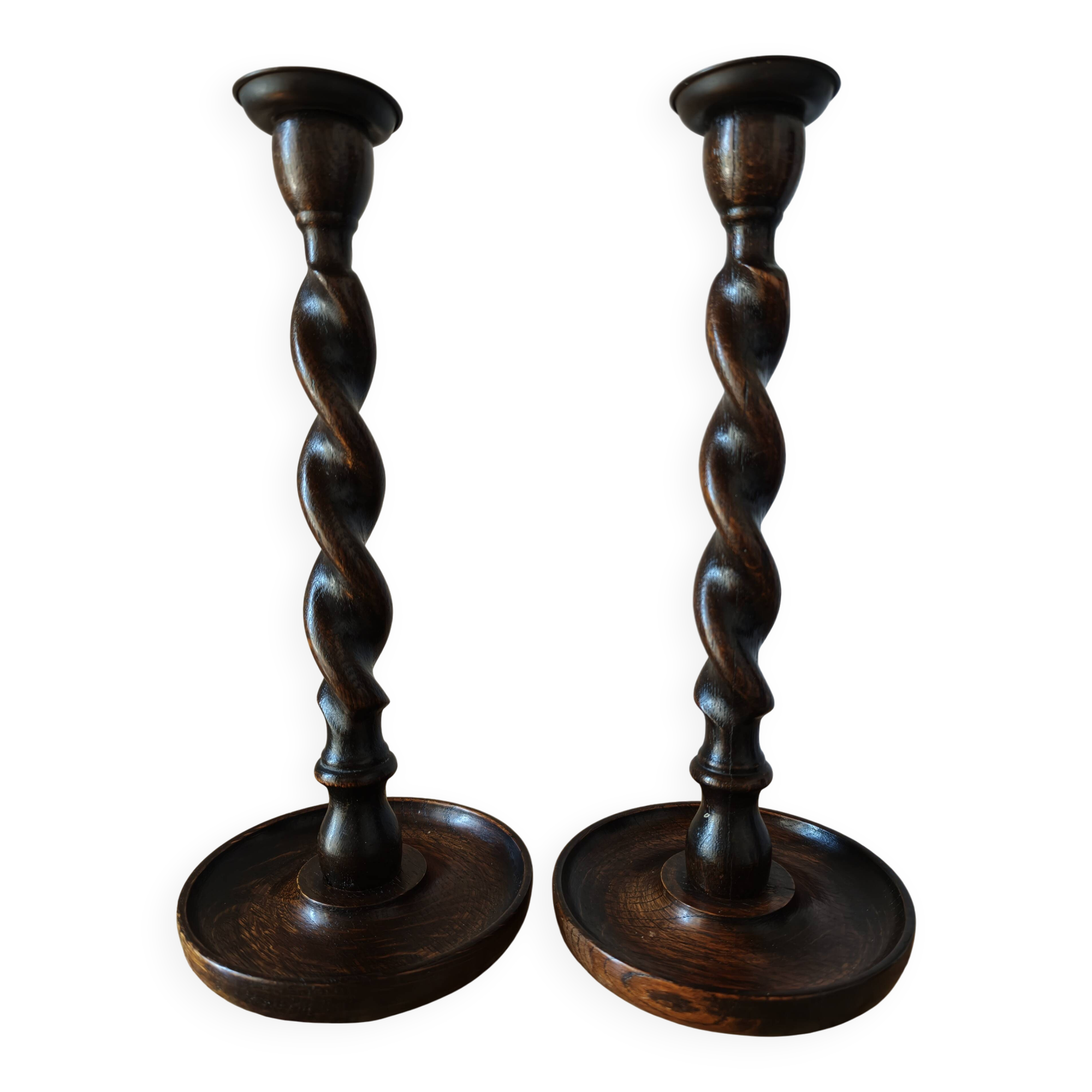 Pair of Barley Twist candlesticks in oak – English style, circa 1950