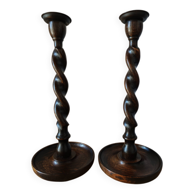 Paire de bougeoirs Barley Twist en chêne – Style anglais, circa 1950