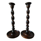 Pair of Barley Twist candlesticks in oak – English style, circa 1950