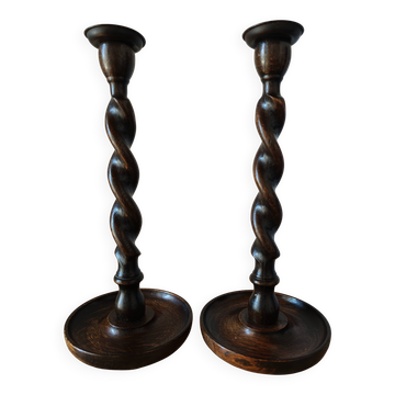 Paire de bougeoirs Barley Twist en chêne – Style anglais, circa 1950