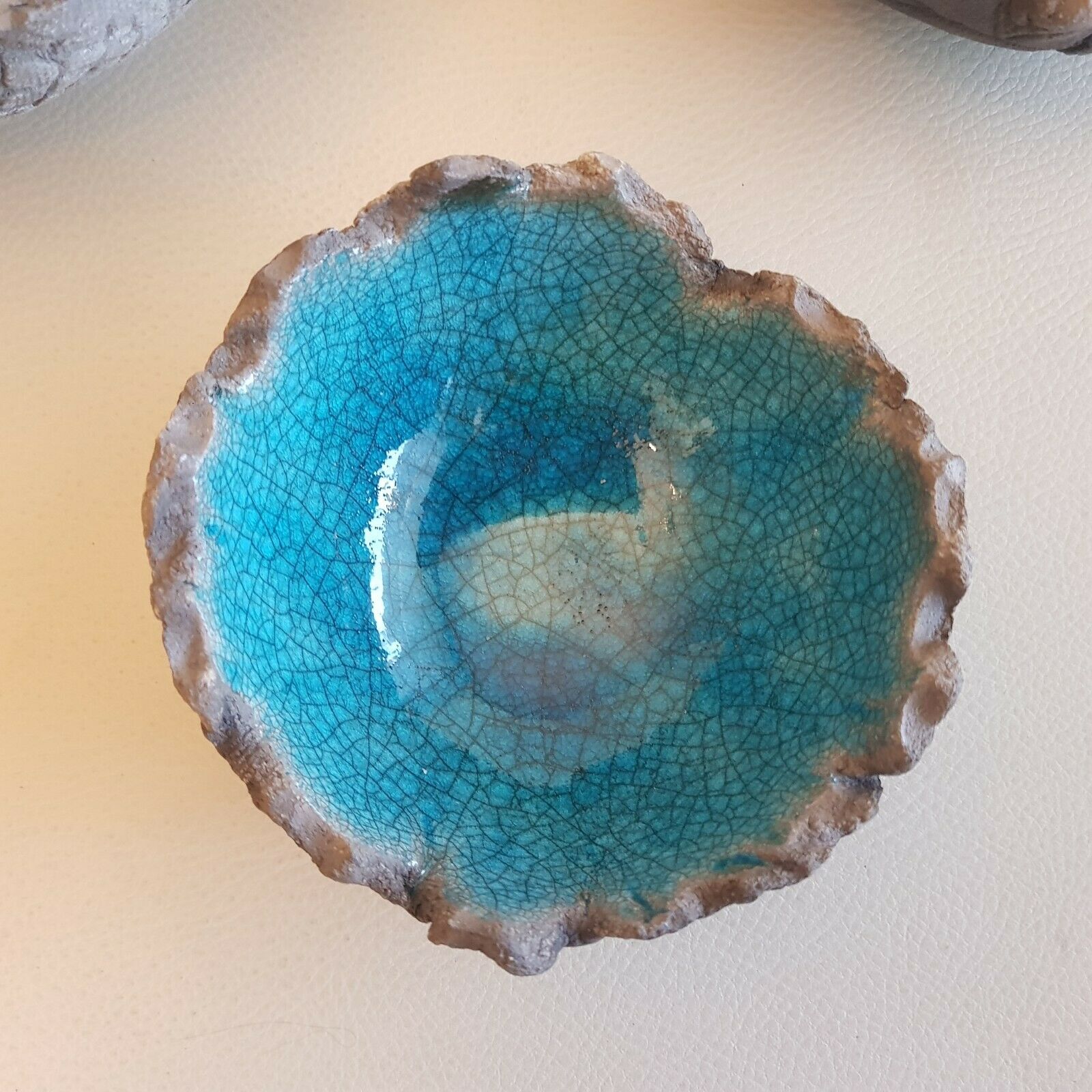 3 empty bowls handmade ceramic pockets signed turquoise color irregular edges