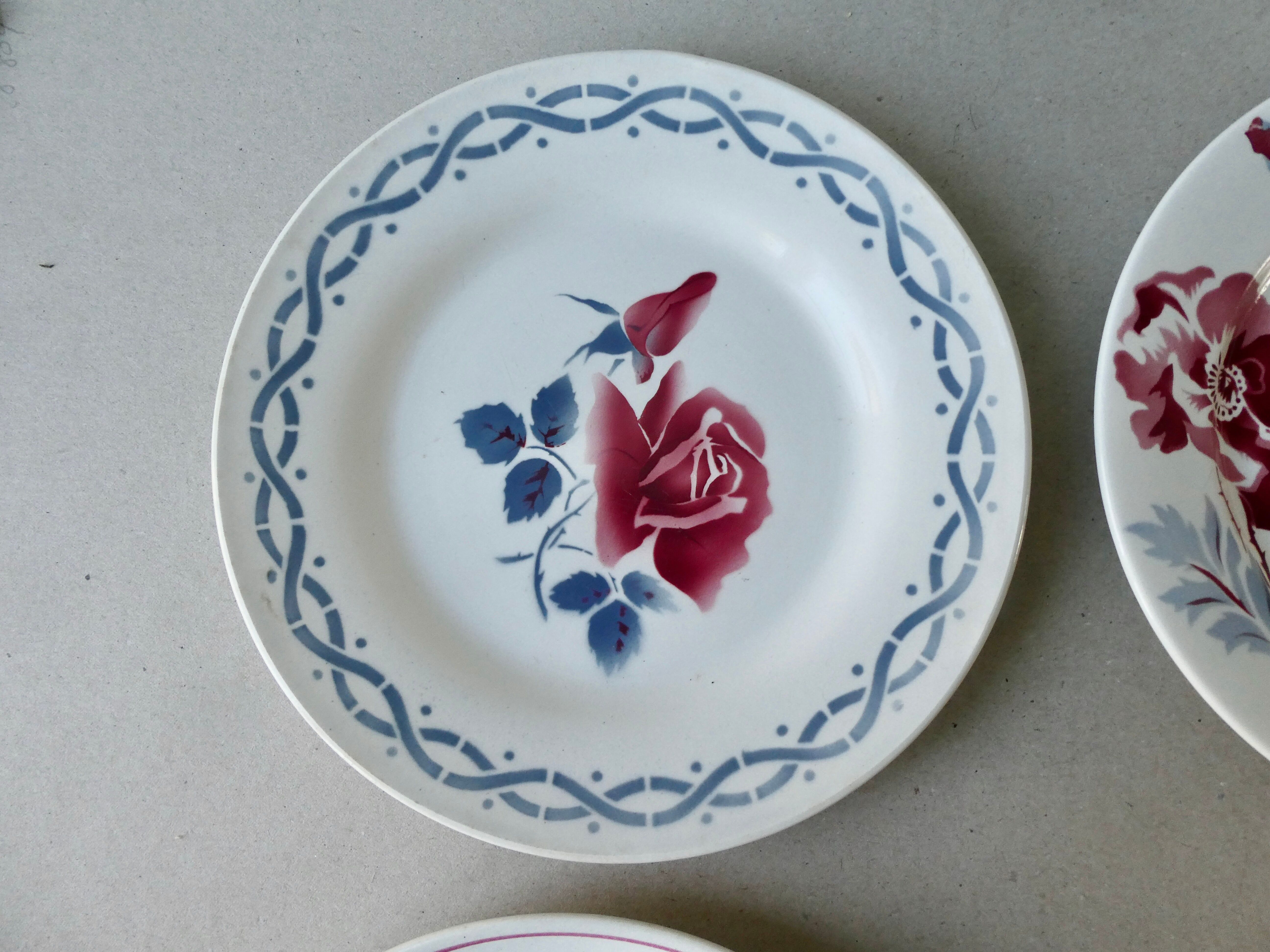 6 antique flat plates, floral decoration, 22.5 cm