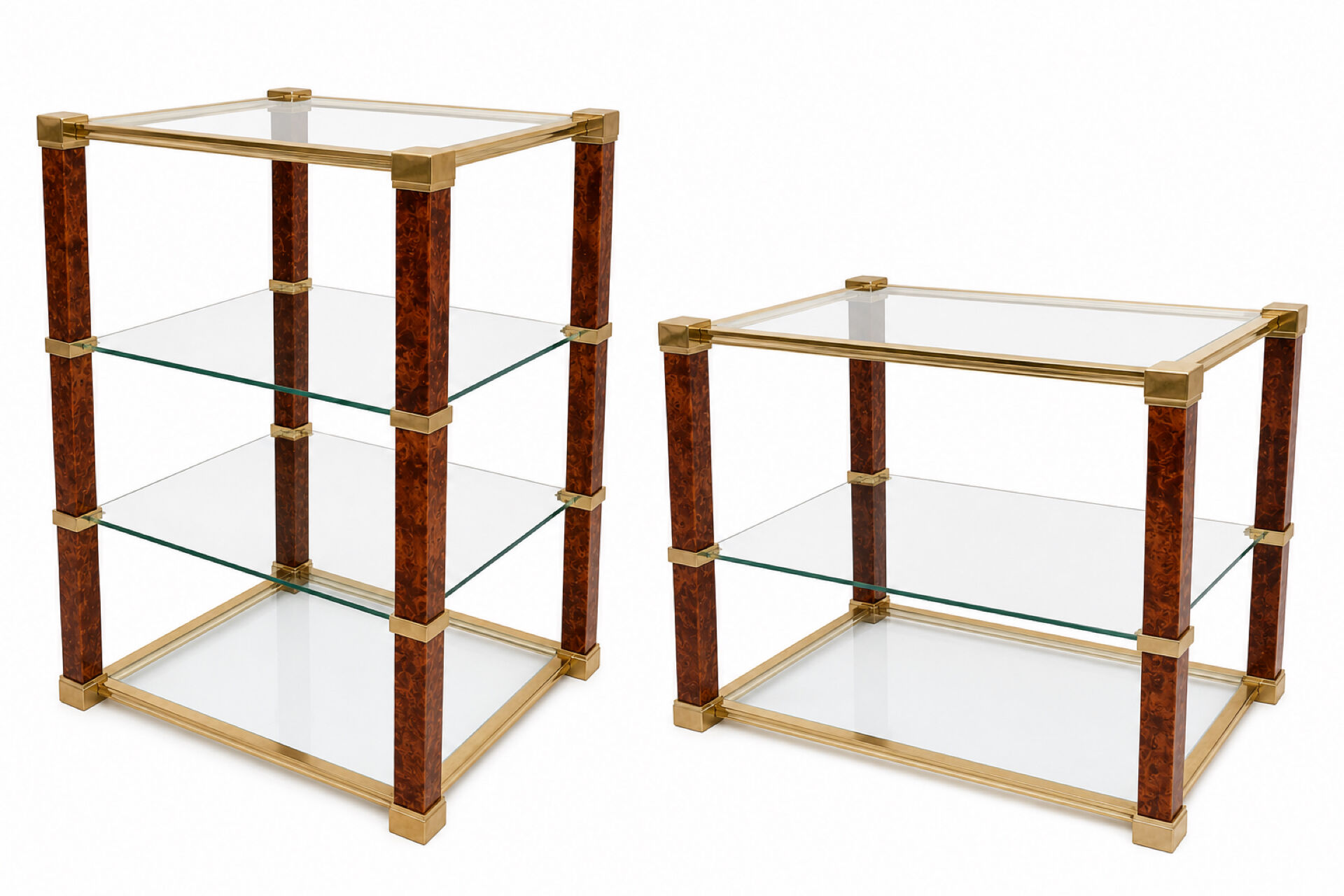 Hollywood Regency Set – Sideboard & coffee table in glass, brass & burl wood