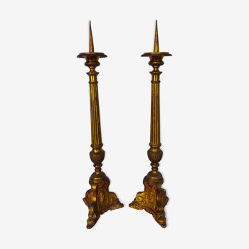 Paire de pique-cierges, bougeoirs XIXème en bronze et laiton