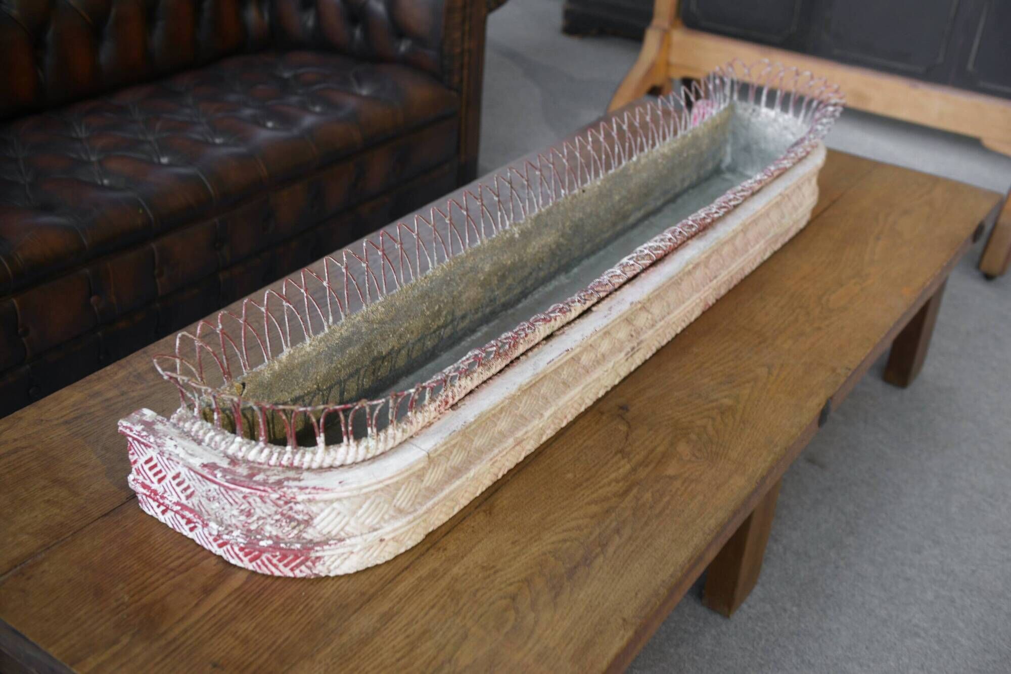Long zinc and wood planter with a white patina from the early 20th century.