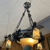 Imposing contemporary art deco style chandelier, glass paste and wrought iron