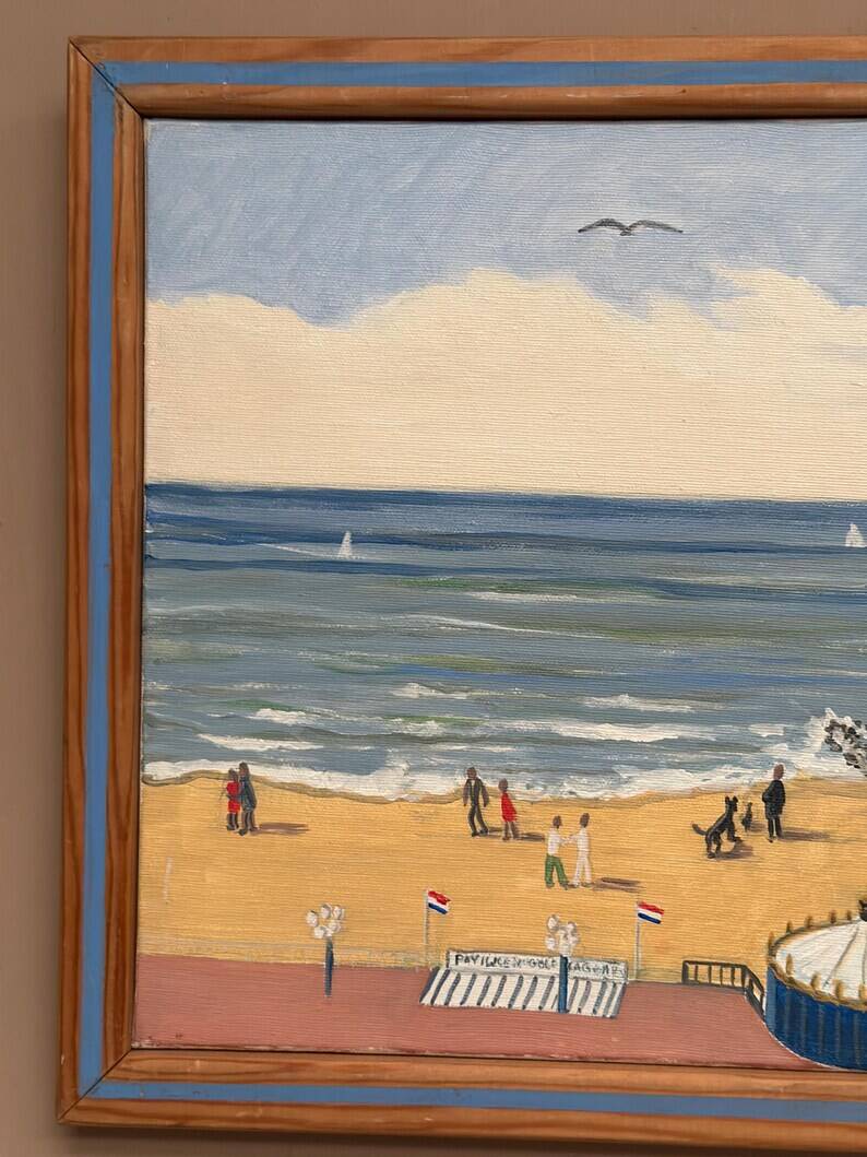 Original Swedish Oil on Canvas – "Day at the Beach" by Mona Starfelt – Signed – Dated 1989 – Framed