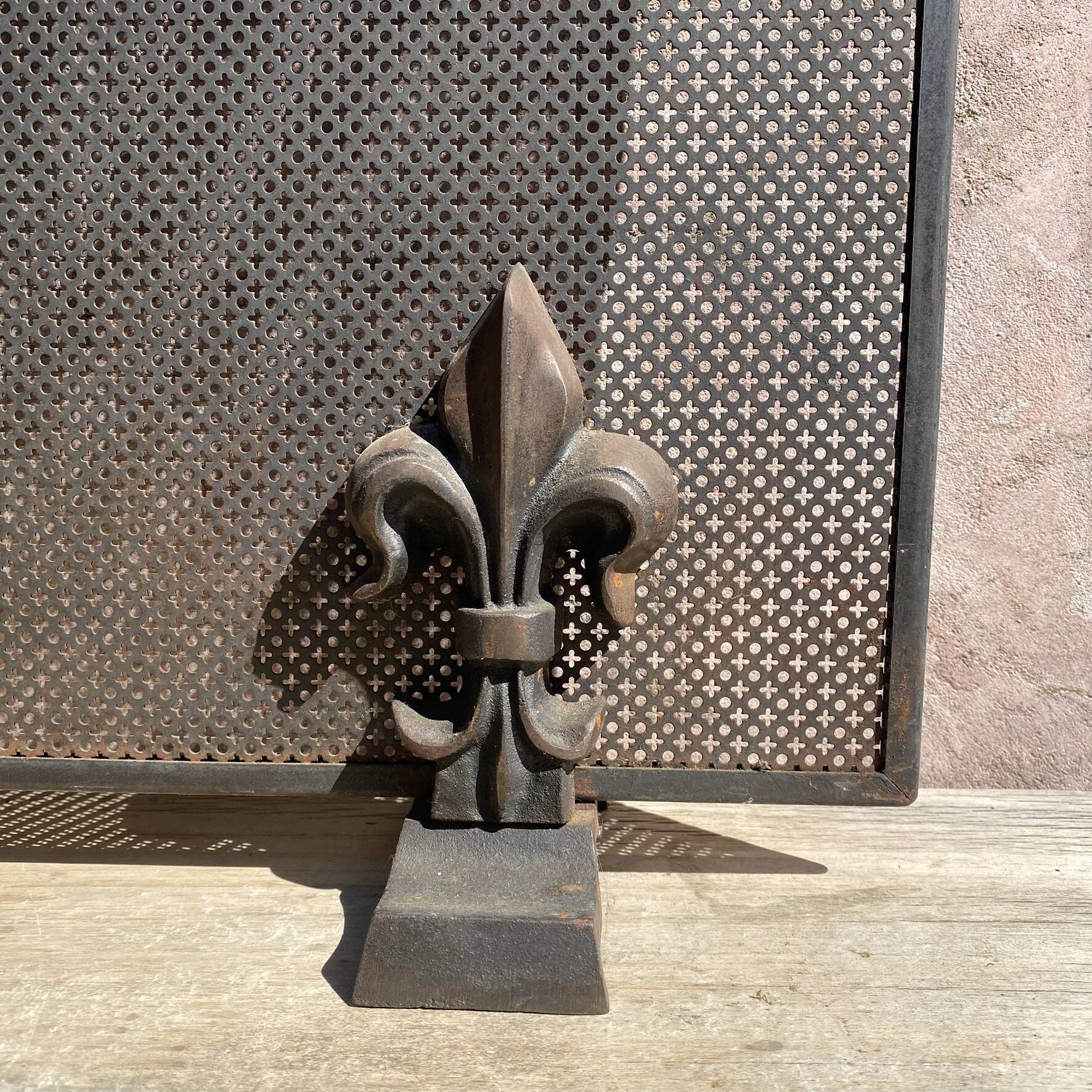 Fireplace screen in metal with cast iron fleur-de-lis.