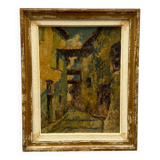 Huile sur toile par Borsodi Barsudi signature à identifier scène de rue A4321
