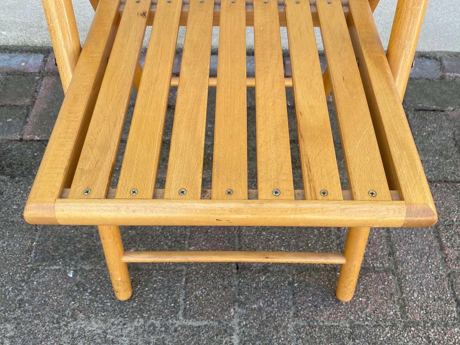 Mid Century wooden folding chair with a slat seat