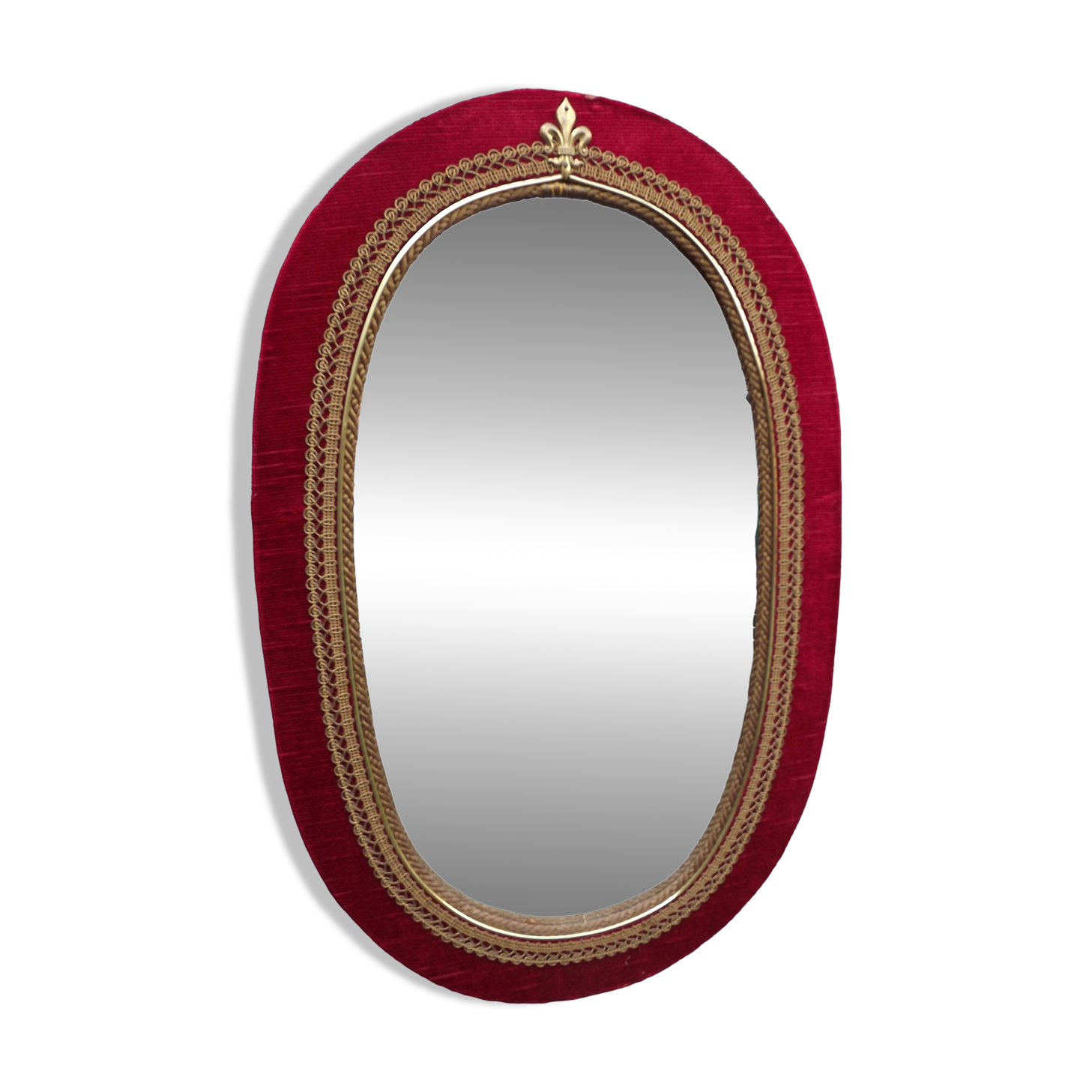 60's vintage wooden frame mirror with red velvet