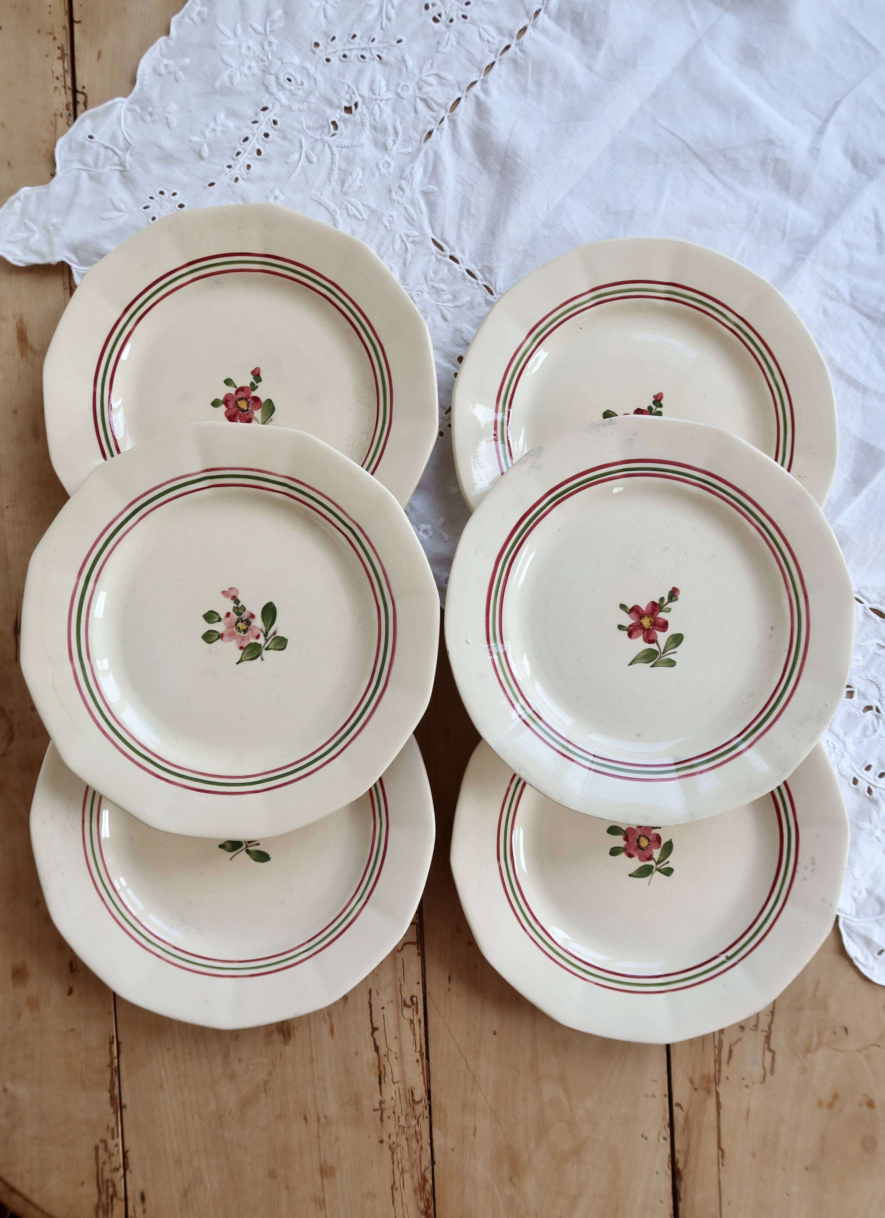 6 antique flat plates made of ironstone from Sarreguemines - Armelle model