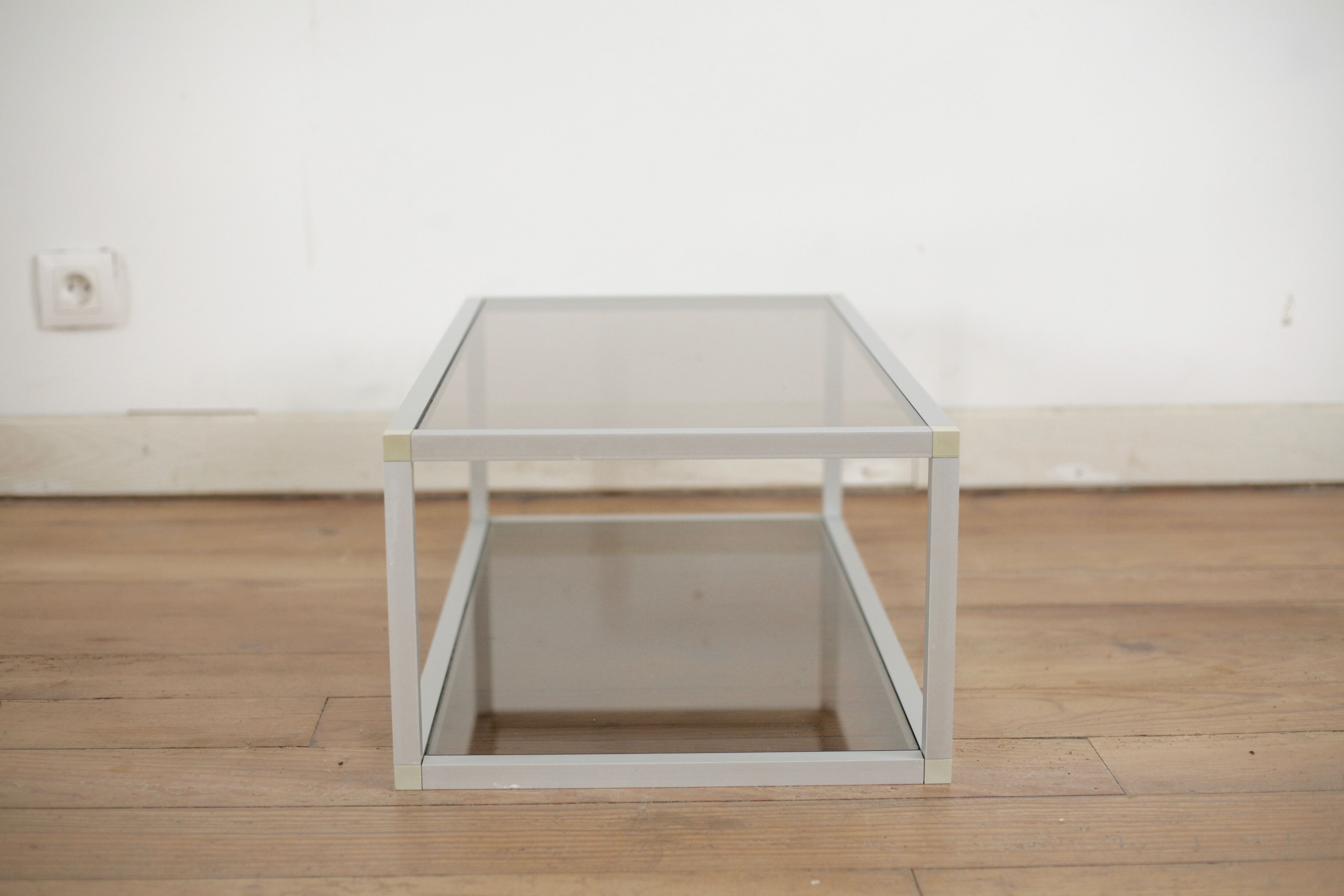 Aluminium coffee table and smoked glasses, France, circa 1980