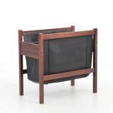Scandinavian magazine rack in Rio rosewood and leather