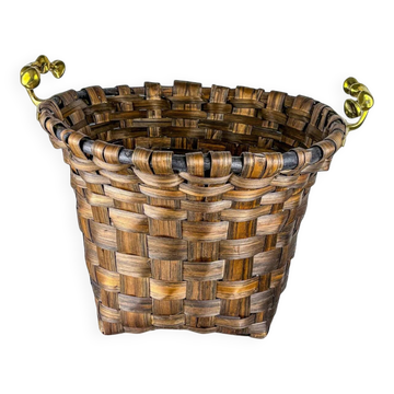 Brutalist XL basket by David Marshall, rattan & bronze handle, 1980s