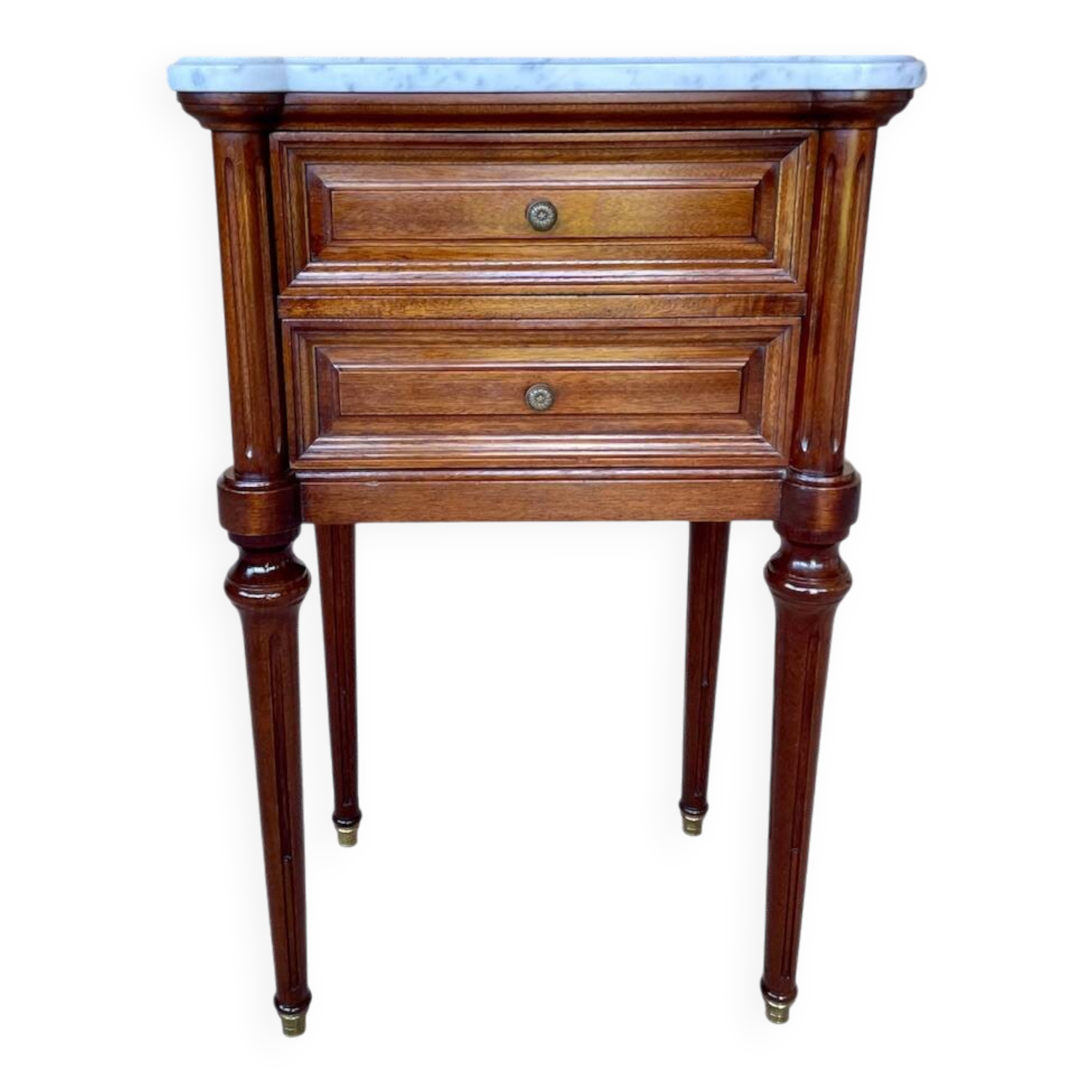 Louis XVI style bedside table, Carrara marble and mahogany