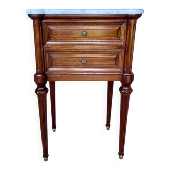 Louis XVI style bedside table, Carrara marble and mahogany