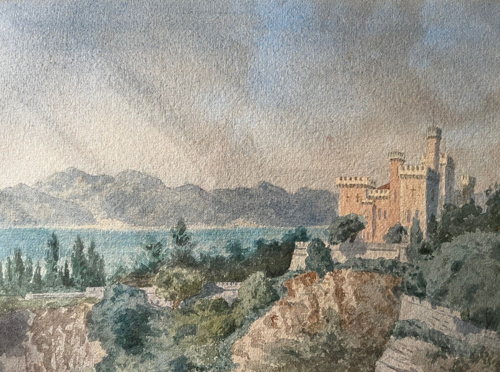 Tableau aquarelle originale "Cateau de la Napoule A. Biber 1879 Alpes maritimes