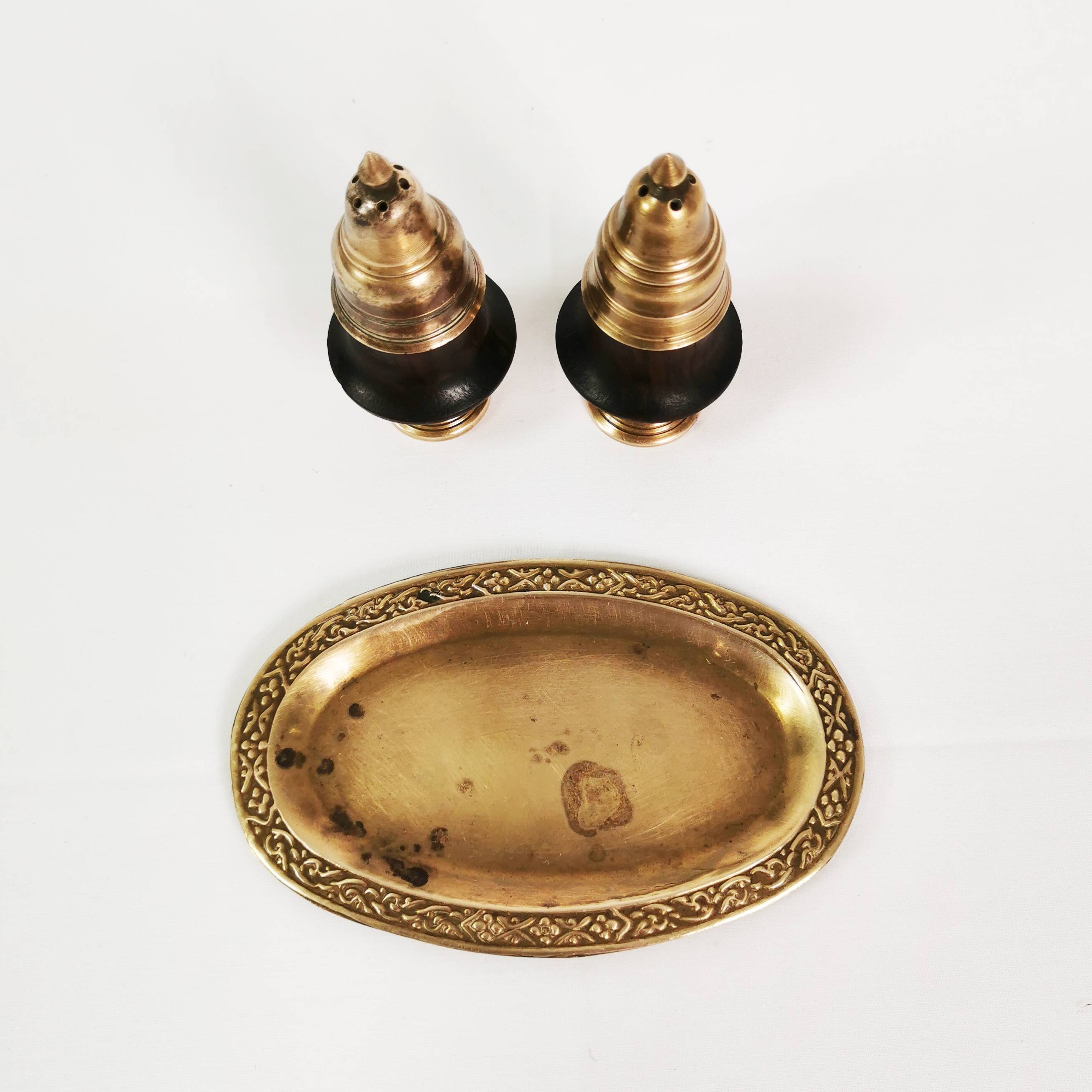 Brass and rosewood spice set, Denmark, 1950s