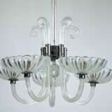 Rare Art Deco Italian Five-Arm Murano Glass Chandelier attributed to Seguso