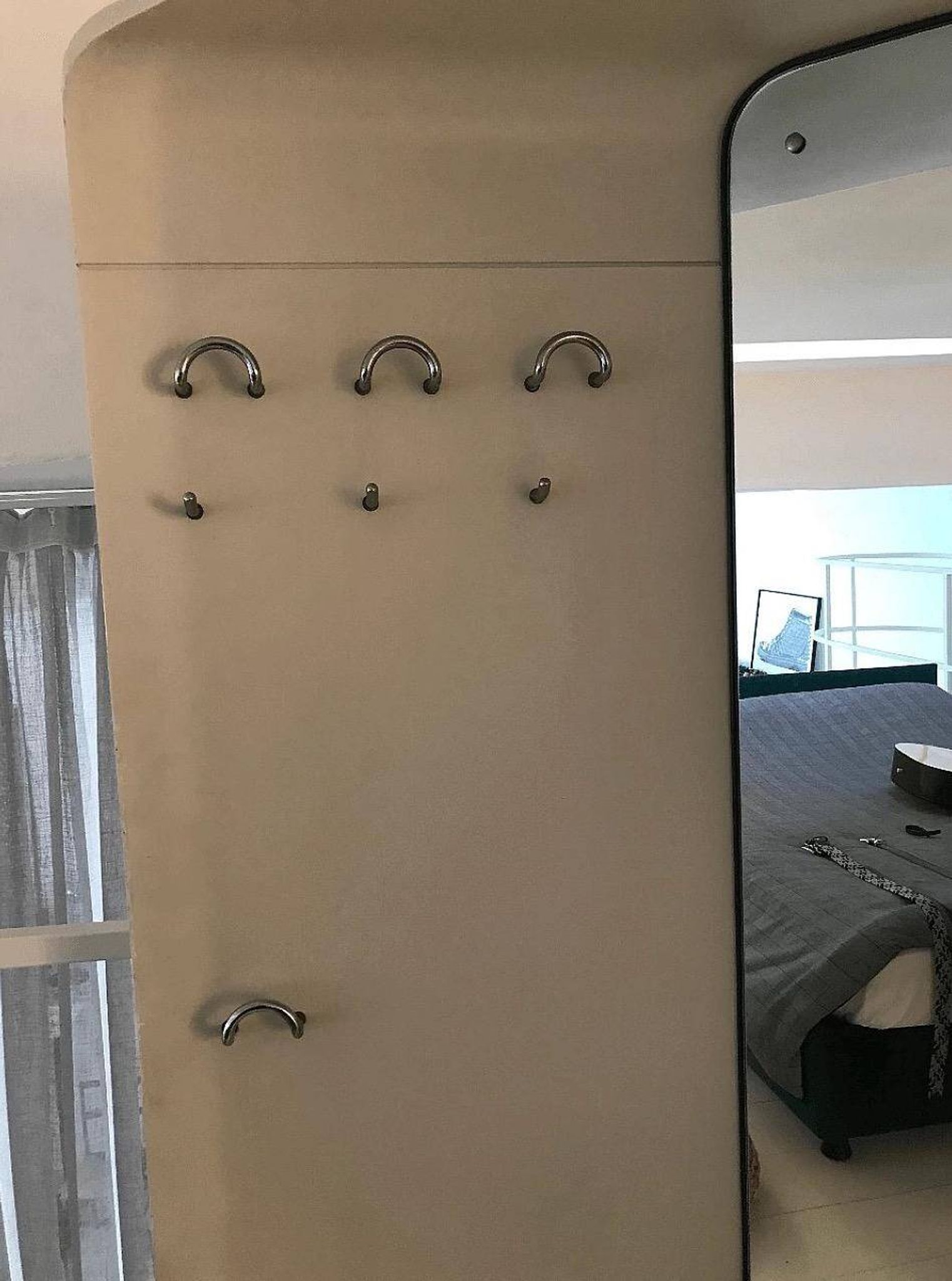 1960s Mid-Century Modern White Wood Corner Coat Hanger with Mirror